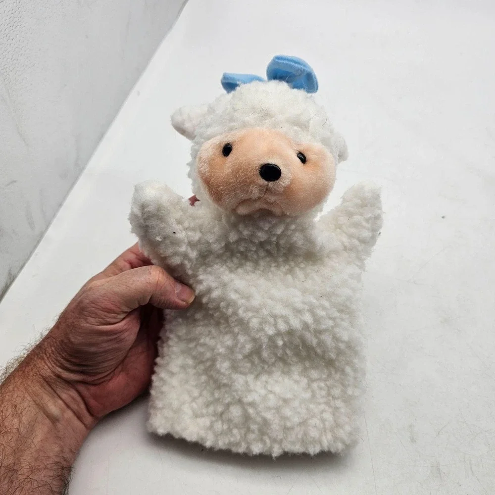 Lamb Hand Puppet Plush Stuffed Animal Toy Small White Blue Bow Soft Fleece Cute